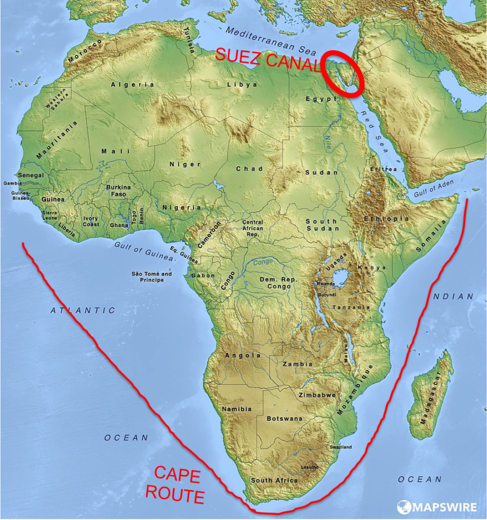 map of Africa Suez Canal vs Cape Route